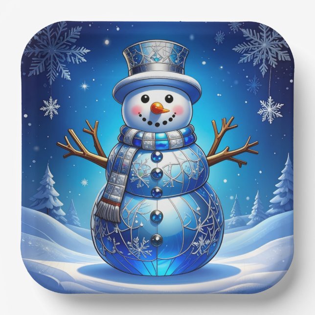 Assiettes En Carton Blue Snowman Snowflakes Holiday Paper Plate (Recto)