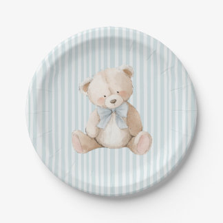 Assiettes En Carton Blue Striped Teddy Bear Baby Birthday Paper Plates