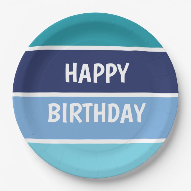 Assiettes En Carton Blue Stripes Joyeux Anniversaire (Devant)