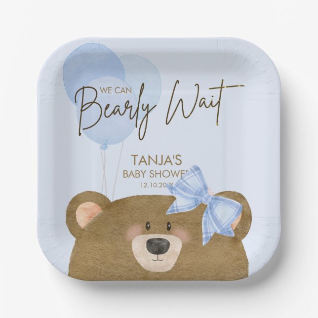 Assiettes En Carton Blue Teddy On Peut Attendre Un Baby shower Garçon (Recto)