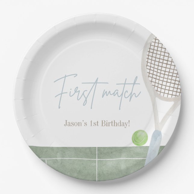 Assiettes En Carton Blue Tennis First Birthday Boy Preppy Classic  (Devant)
