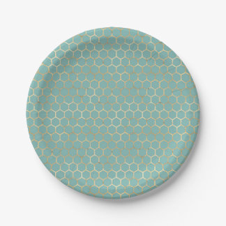 Assiettes En Carton Blue Turquoise Honeycomb Gold Parties scintillant