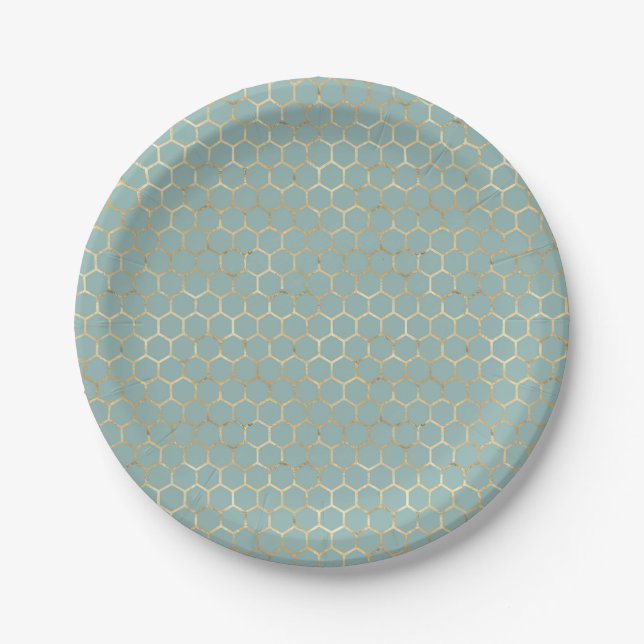 Assiettes En Carton Blue Turquoise Honeycomb Gold Parties scintillant  (Devant)