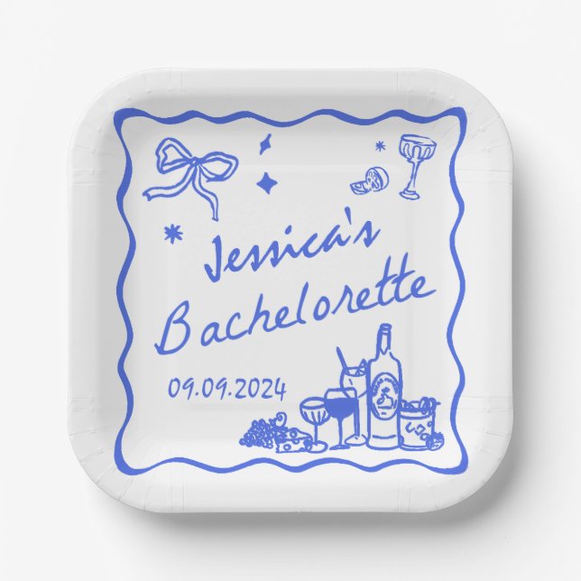 Assiettes En Carton Blue Whimsical Beach Bachelorette Party (Recto)