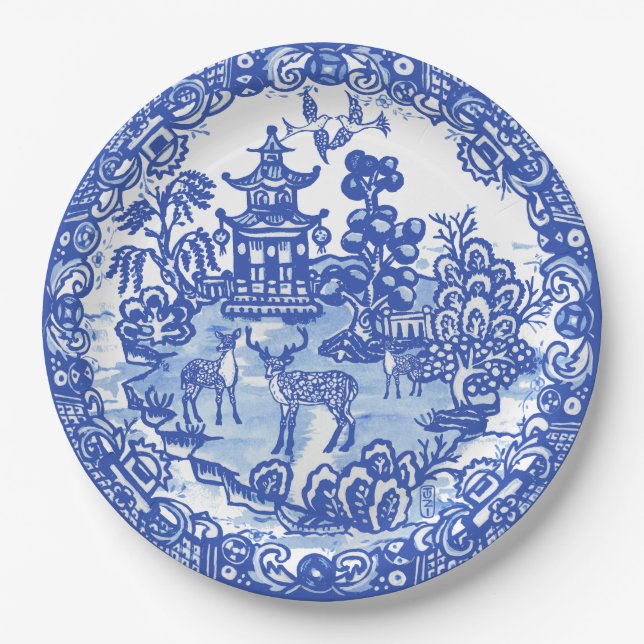 Assiettes En Carton Blue Willow Deer Asian Temple Garden Art (Devant)