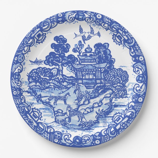 Assiettes En Carton Blue Willow Fox Island Asian Temple Garden Art (Devant)
