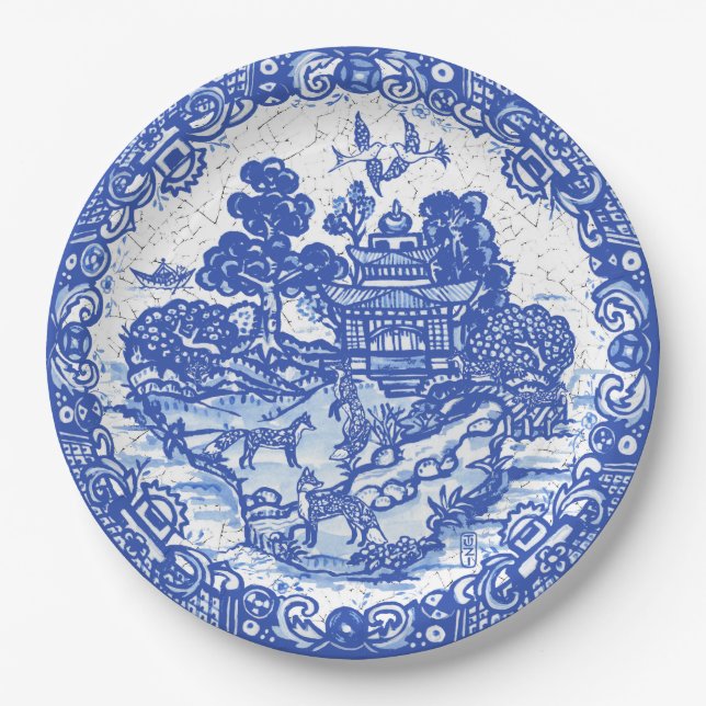 Assiettes En Carton Blue Willow Fox Island Asian Temple Garden Crackle (Devant)