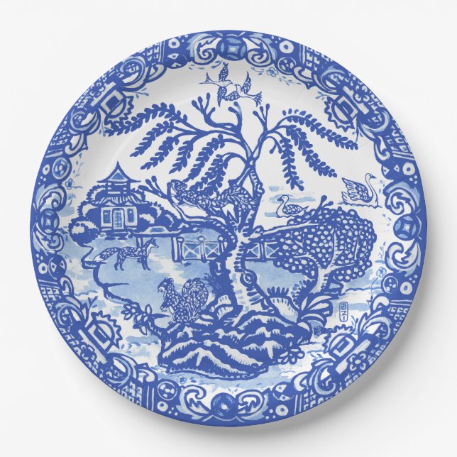 Assiettes En Carton Blue Willow Squirrel Oiseau Fox Asiatique Temple J (Devant)