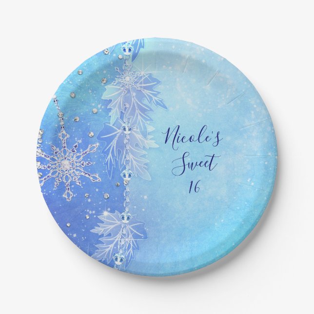 Assiettes En Carton Blue Winter Feuilles & Snowflakes Élégante fête (Devant)