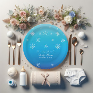 Assiettes En Carton Blue Winter Wonderland Snowflake Baby shower