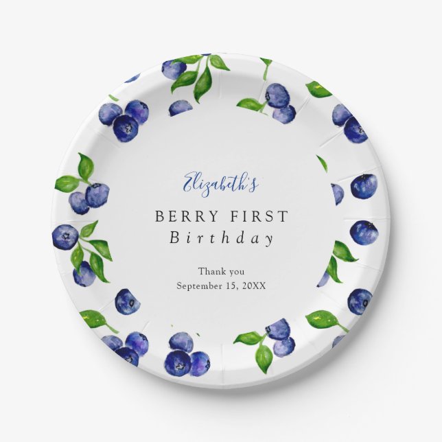 Assiettes En Carton Blueberry Berry Premier Anniversaire Aquarelle mig (Devant)