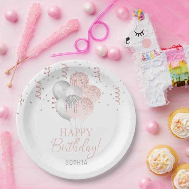 Assiettes En Carton Blush and Silver Balloons Birthday  (Fête)