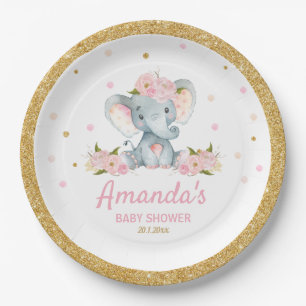 Assiettes En Carton Blush Floral Elephant Baby shower fille