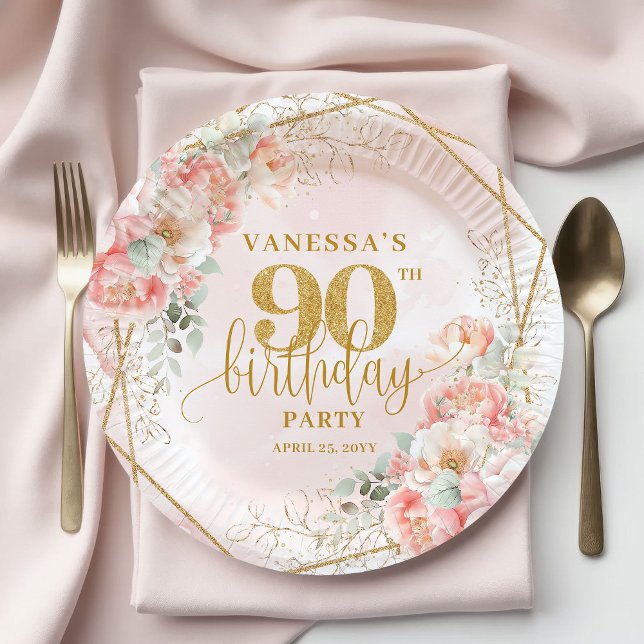 Assiettes En Carton Blush Floral Gold Frame Personalized 90th Birthday (Blush Floral Gold Frame Personalized 90th Birthday Plate)