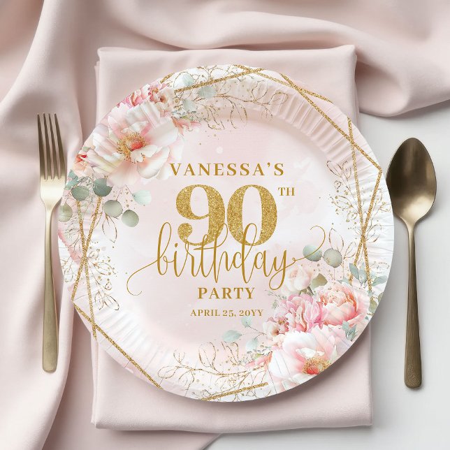 Assiettes En Carton Blush Floral Gold Frame Stylish 90 Birthday Plates (Blush Floral Gold Frame Stylish 90th Birthday Plates)