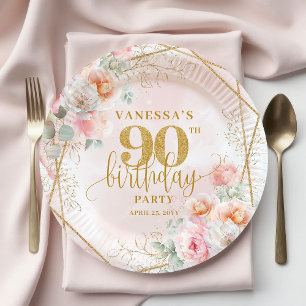 Assiettes En Carton Blush Floral Or Glitter Élégant 90e Anniversaire