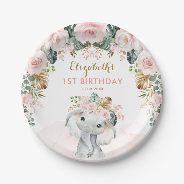 Assiettes En Carton Blush Floral Tropical Boho Elephant Anniversaire F (Devant)