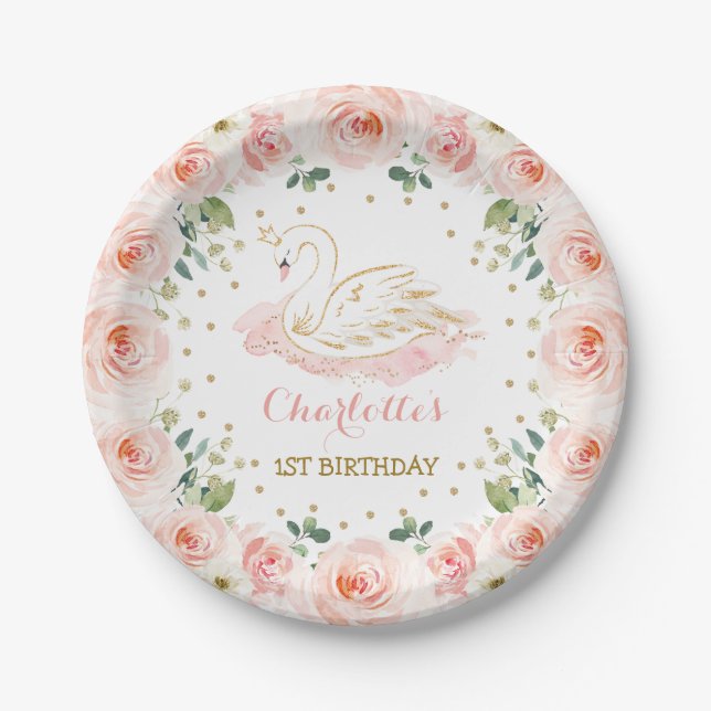 Assiettes En Carton Blush Floral Wreath Swan Princess Anniversaire (Devant)