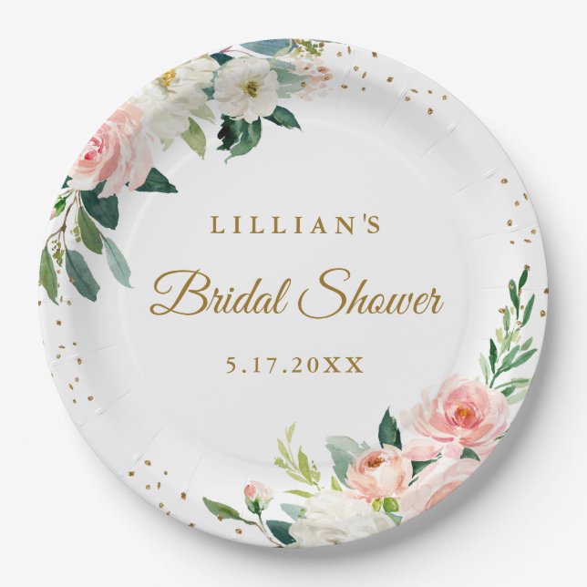 Assiettes En Carton Blush Gold Floral Brunch Et Bubbly (Devant)