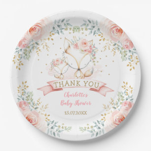 Assiettes En Carton Blush Gold Floral Fox Boho Woodland Baby shower