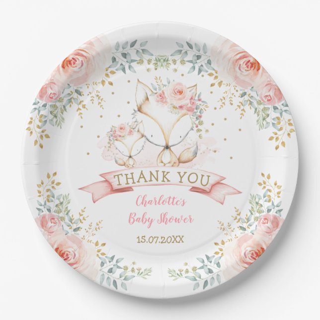 Assiettes En Carton Blush Gold Floral Fox Boho Woodland Baby shower (Devant)