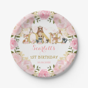 Assiettes En Carton Blush Pink Gold Floral Woodland 1ère fête d'anni