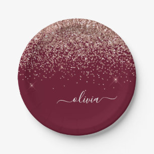 Assiettes En Carton Blush rose burgundy pailleté Monogramme Or Rose