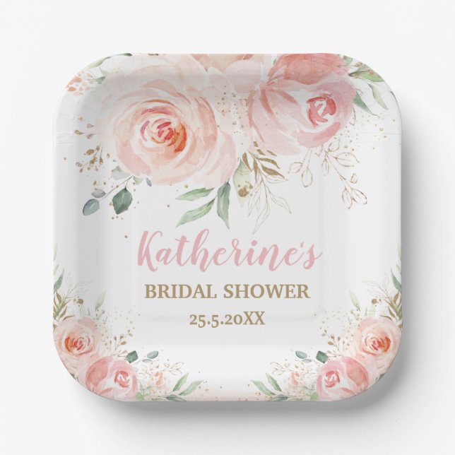 Assiettes En Carton Blush rose Floral Baby shower nuptial (Recto)