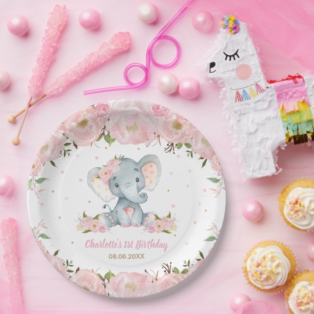 Assiettes En Carton Blush rose floral mignon éléphant 1er anniversaire (Fête)