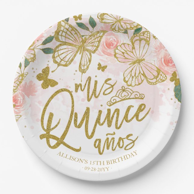 Assiettes En Carton Blush rose papillon Floral Quinceanera Party (Devant)
