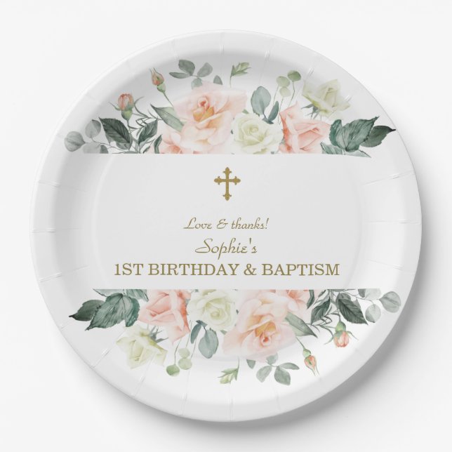 Assiettes En Carton Blush White Flowers Gold Girl 1er Anniversaire Bap (Devant)