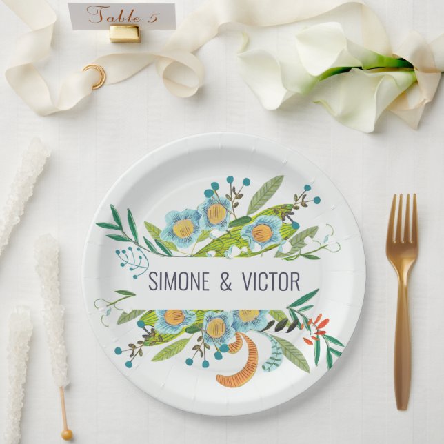 Assiettes En Carton Bohème Botanique Vert & bleu Floral (Mariage)
