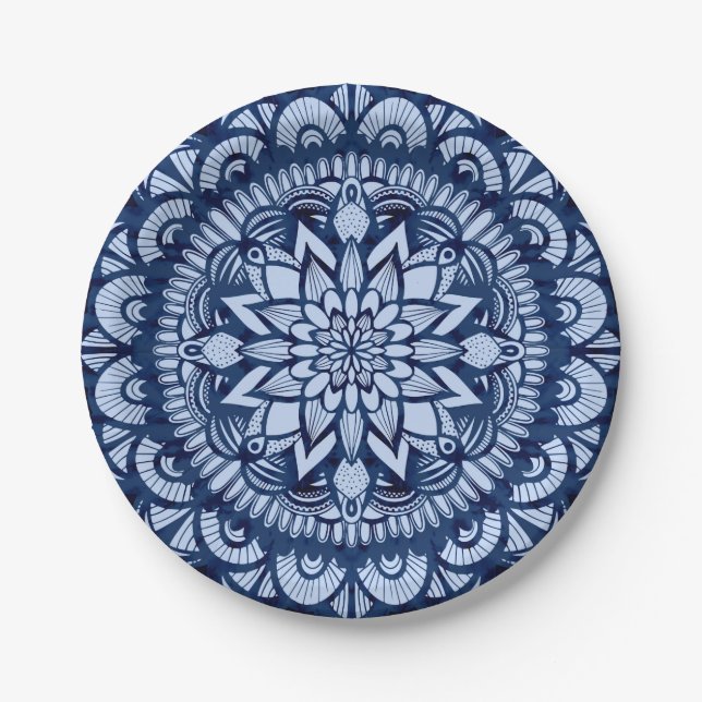 Assiettes En Carton Bohemian Navy Blue Tie Dye Mandala (Devant)