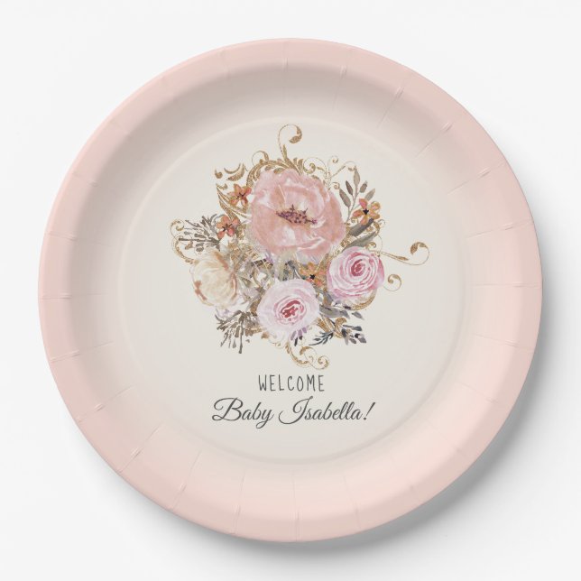 Assiettes En Carton BOHO Aquarelle Automne Floral Blush Baby Girl Douc (Devant)