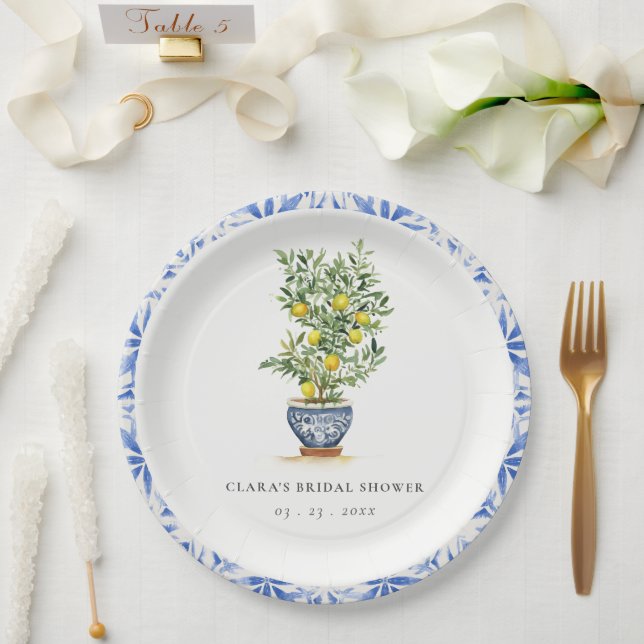 Assiettes En Carton Boho Aquarelle Citron jaune Fête des mariées (Mariage)