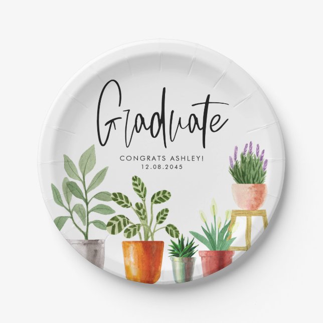Assiettes En Carton Boho Aquarelle Poted Houseplants Graduation (Devant)