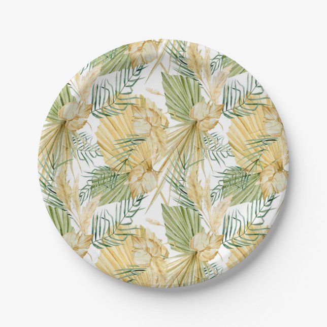 Assiettes En Carton Boho Aquarelle séchée Palm Feuille Motif Tropical (Devant)