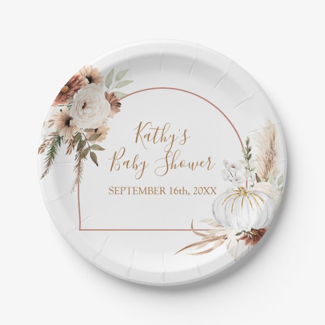 Assiettes En Carton Boho Arch Blanc Citrouille Floral papier (Devant)