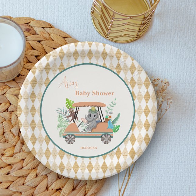 Assiettes En Carton Boho Baby Elephant Et Monkey Golf Baby shower (Créateur téléchargé)