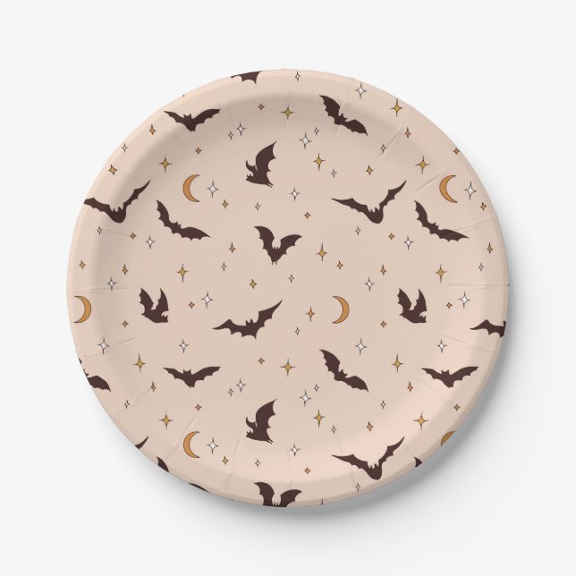Assiettes En Carton Boho Bats et étoiles Motif d'Halloween (Devant)