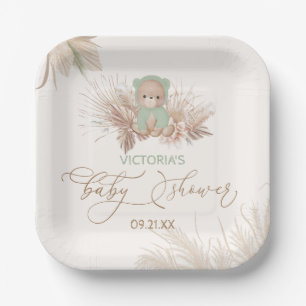 Assiettes En Carton Boho Bear Pampas Baby shower Vert