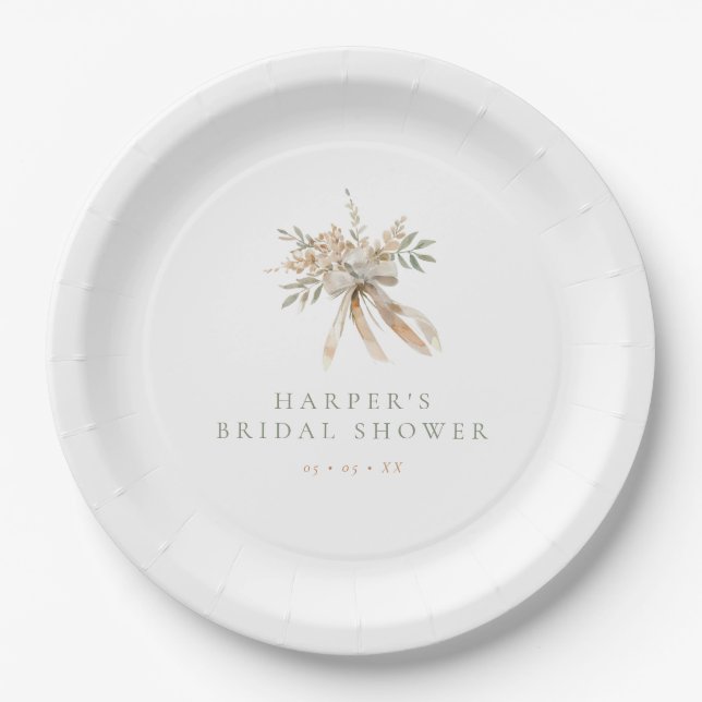 Assiettes En Carton Boho Beige & Sage Fleurs & Bow Fête des mariées (Devant)