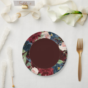 Assiettes En Carton Boho Bloom   Dark Elegant Red Blush et Navy Blue