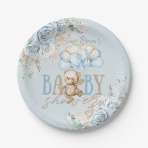 Assiettes En Carton Boho Blue Floral Pampas Teddy Bear Boy Baby shower