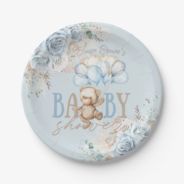 Assiettes En Carton Boho Blue Floral Pampas Teddy Bear Boy Baby shower (Devant)