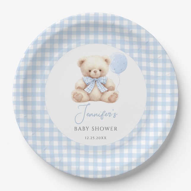 Assiettes En Carton Boho Blue Teddy Ours Balloon Baby Boy Douche (Devant)