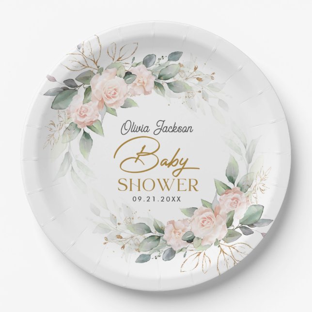 Assiettes En Carton Boho Blush Floral Eucalyptus Cadre Baby shower (Devant)