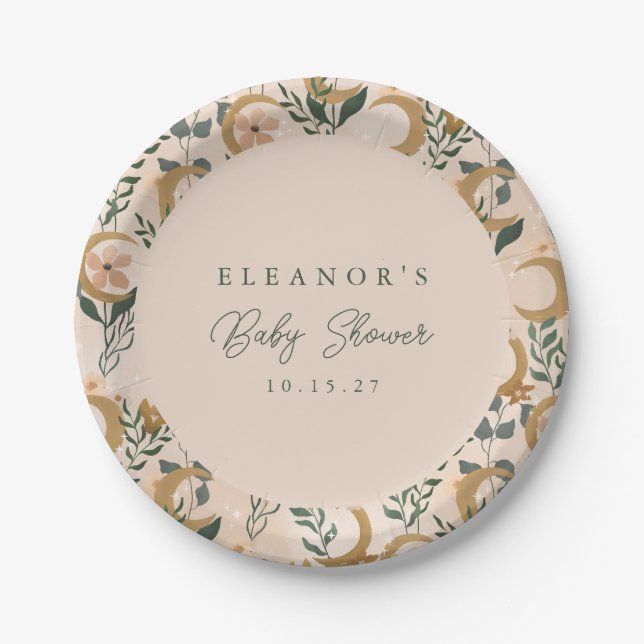 Assiettes En Carton Boho Blush Green Botanon Baby shower personnalisé (Devant)