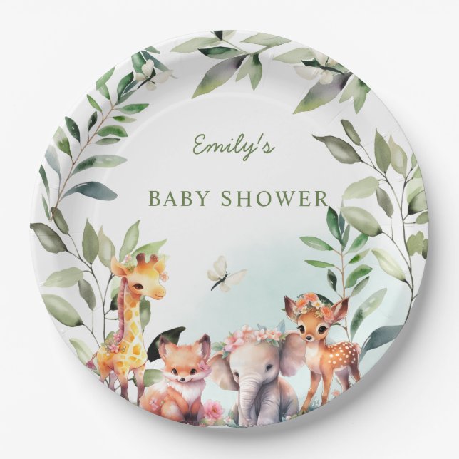 Assiettes En Carton Boho Bois Baby shower Verdure Forêt Animaux (Devant)