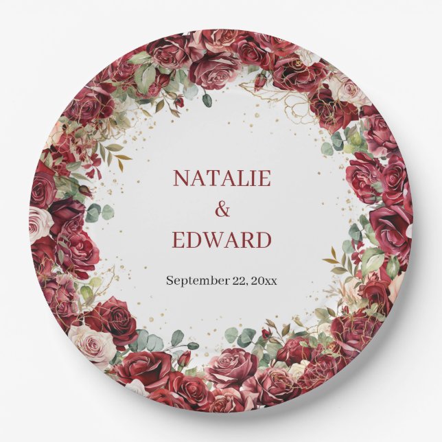 Assiettes En Carton Boho burgundy rose eucalyptus Mariage (Devant)